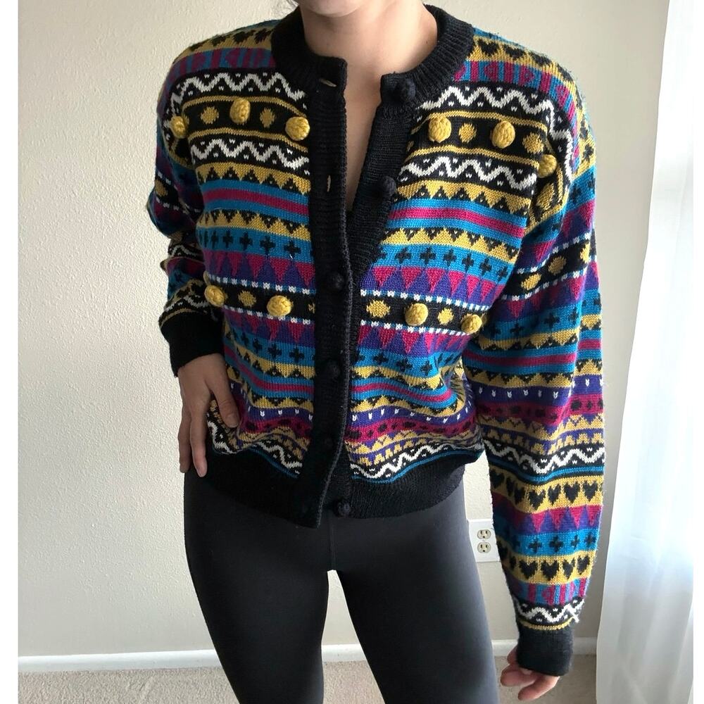 Vintage 90s Mexx International neon Stripe pom pom Cardigan avante garde Retro